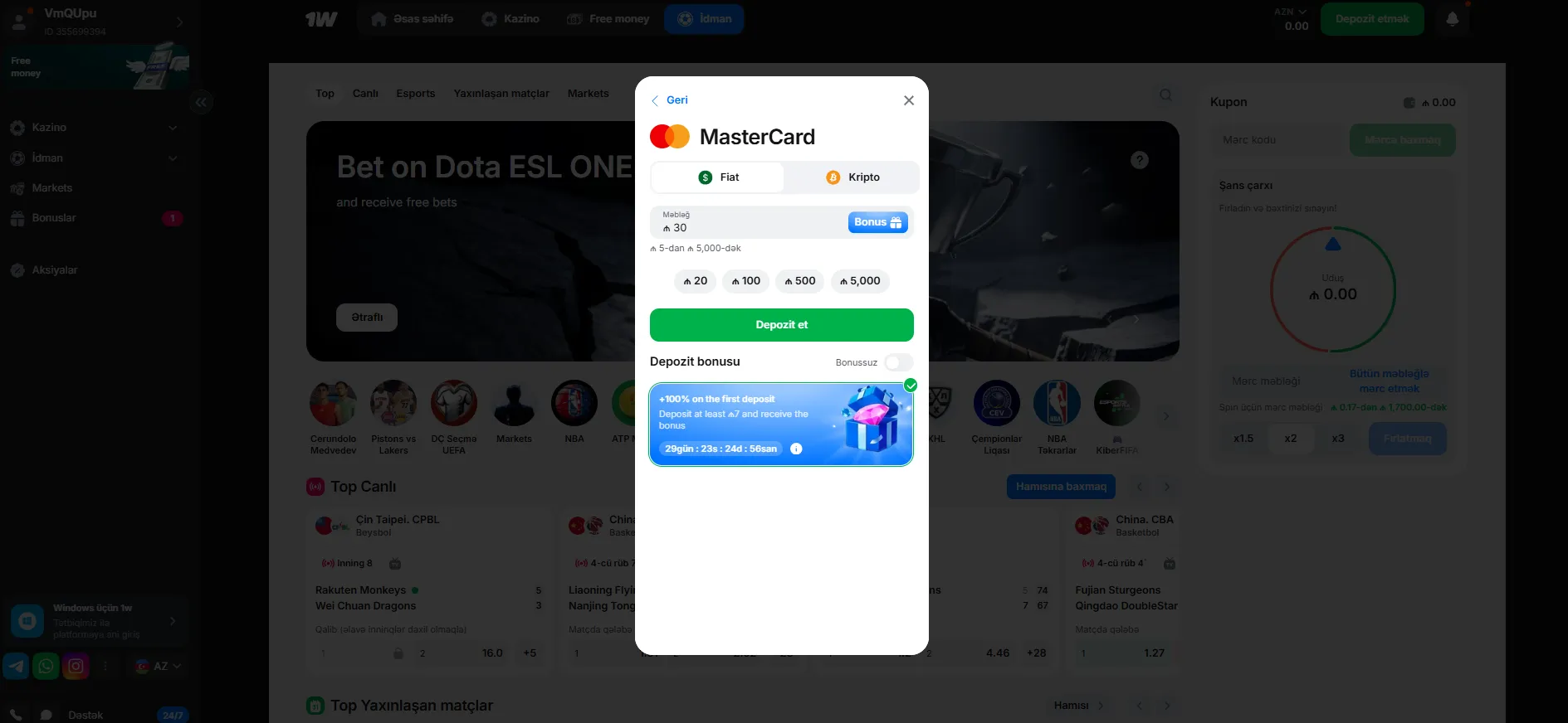 Tətbiqdə depozit və pul çıxarışı